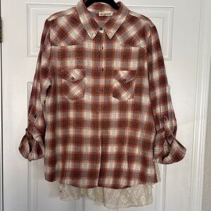 Plaid and Lace Button-Up Shirt